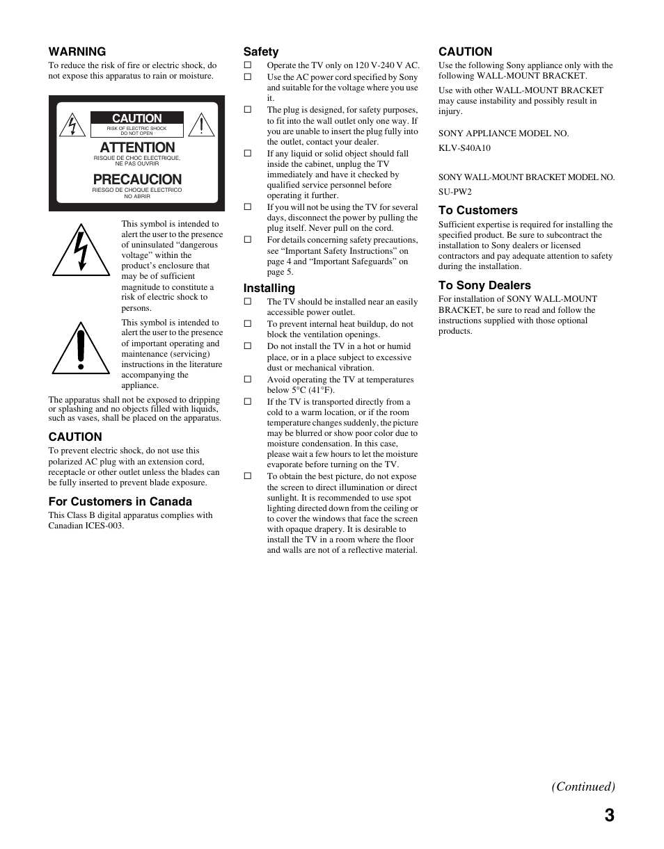 Attention, Precaucion, Continued) | Warning, Caution, For customers in canada, Safety, Installing | Sony KLV-S40A10 User Manual | Page 3 / 68