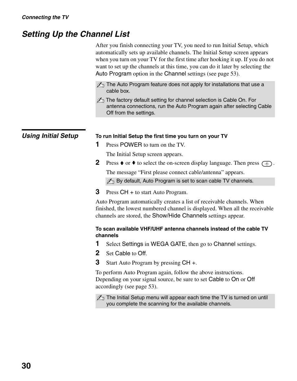 Setting up the channel list, Using initial setup, 30 setting up the channel list | Sony KLV-S40A10 User Manual | Page 30 / 68