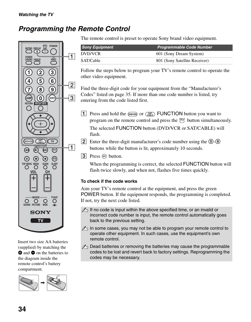 Programming the remote control, 34 programming the remote control | Sony KLV-S40A10 User Manual | Page 34 / 68