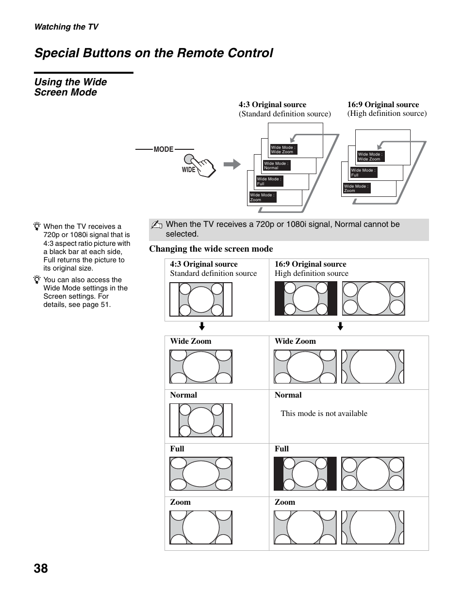 Special buttons on the remote control, Using the wide screen mode, 38 special buttons on the remote control | Sony KLV-S40A10 User Manual | Page 38 / 68