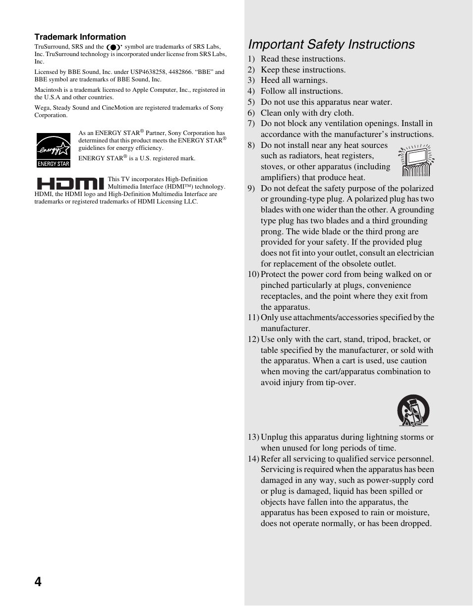 Important safety instructions | Sony KLV-S40A10 User Manual | Page 4 / 68