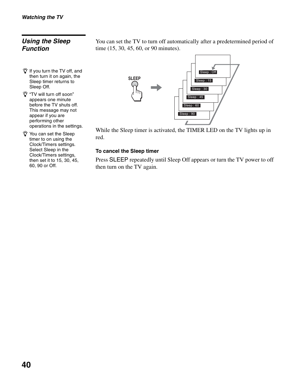 Using the sleep function | Sony KLV-S40A10 User Manual | Page 40 / 68