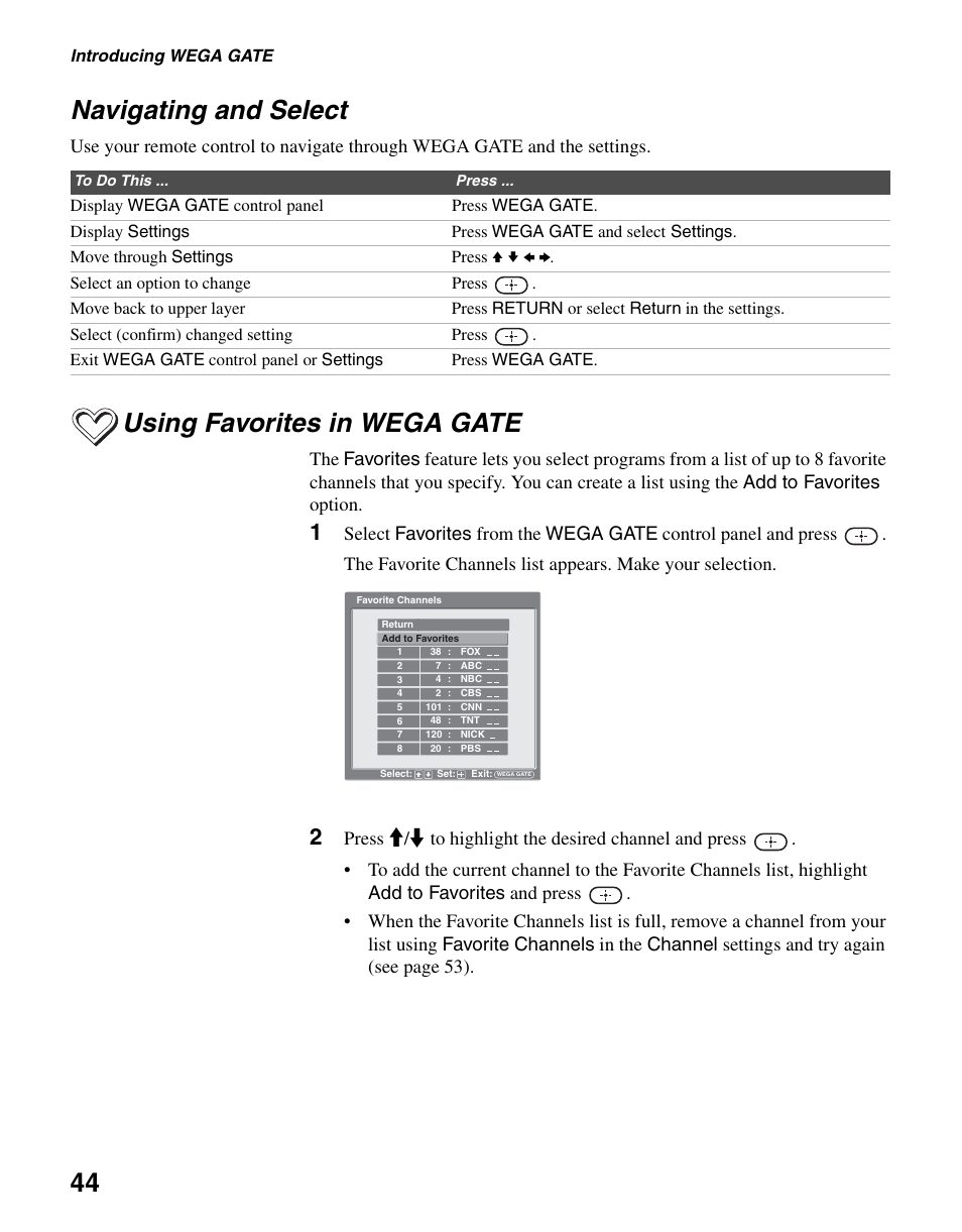 Navigating and select, Using favorites in wega gate, Navigating and select using favorites in wega gate | 44 navigating and select | Sony KLV-S40A10 User Manual | Page 44 / 68