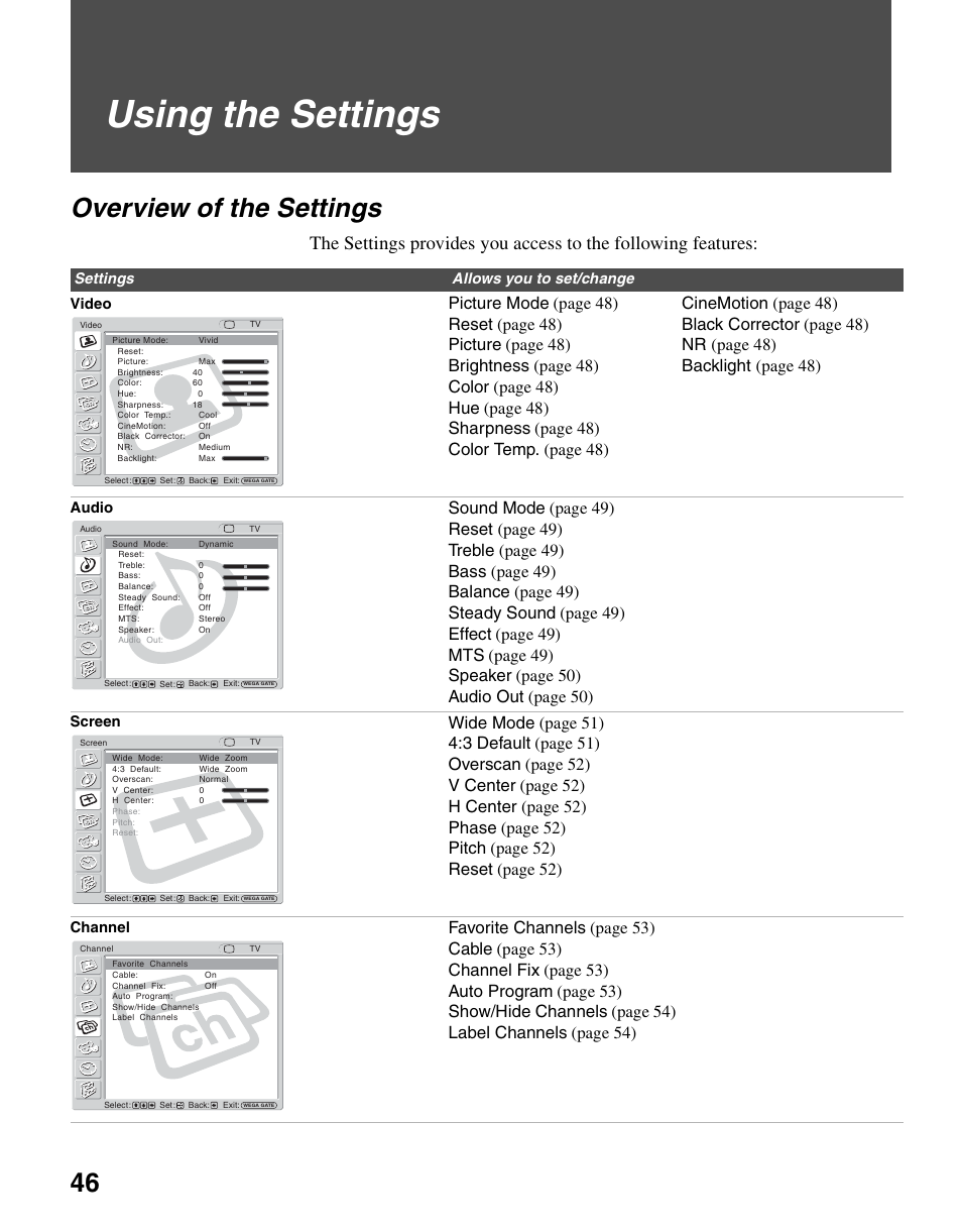 Using the settings, Overview of the settings, Settings allows you to set/change video | Audio, Screen, Channel | Sony KLV-S40A10 User Manual | Page 46 / 68