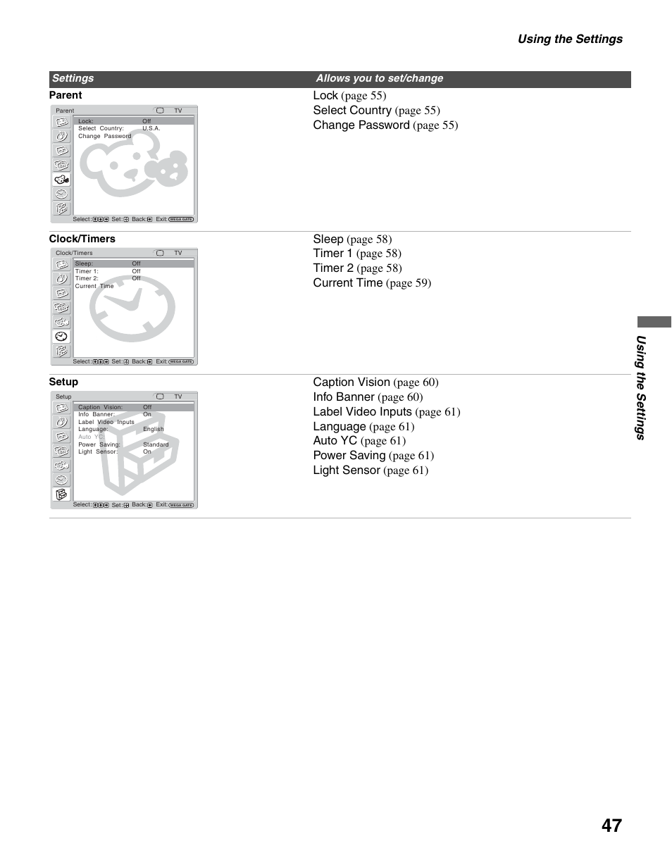 Using the settings, Us ing the setting s, Parent | Clock/timers, Setup, Settings allows you to set/change | Sony KLV-S40A10 User Manual | Page 47 / 68