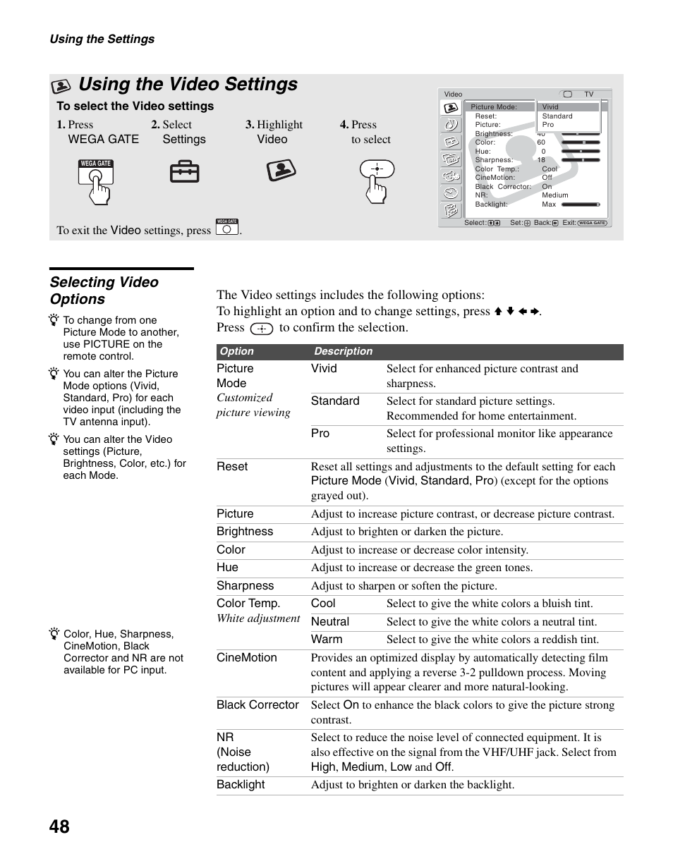 Using the video settings, Selecting video options | Sony KLV-S40A10 User Manual | Page 48 / 68