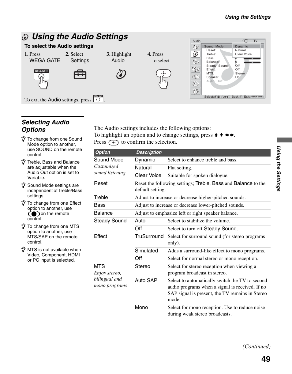 Using the audio settings, Selecting audio options | Sony KLV-S40A10 User Manual | Page 49 / 68