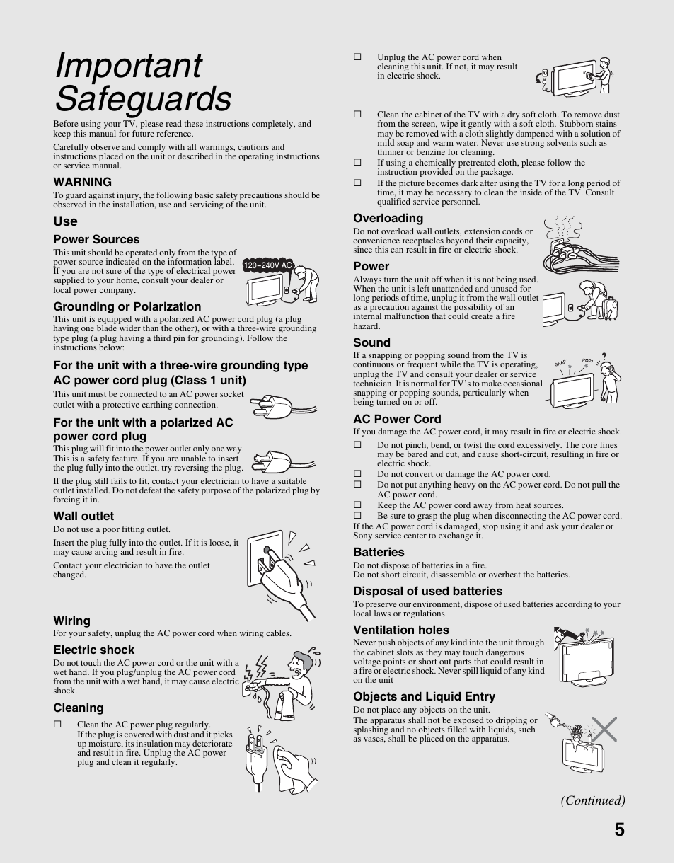 Important safeguards | Sony KLV-S40A10 User Manual | Page 5 / 68