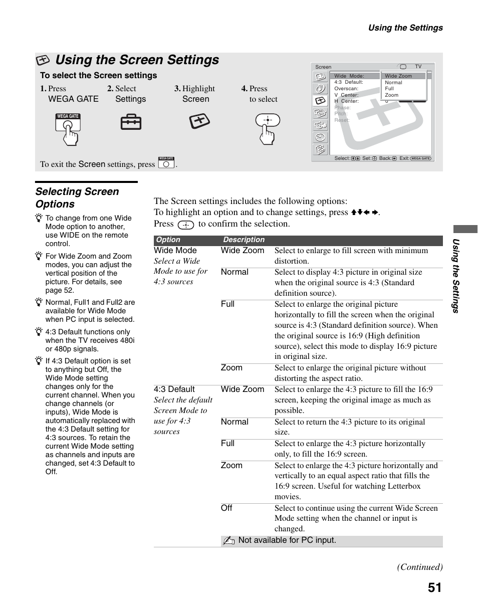 Using the screen settings, Selecting screen options | Sony KLV-S40A10 User Manual | Page 51 / 68