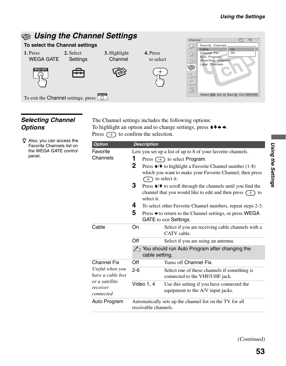 Using the channel settings, Selecting channel options | Sony KLV-S40A10 User Manual | Page 53 / 68