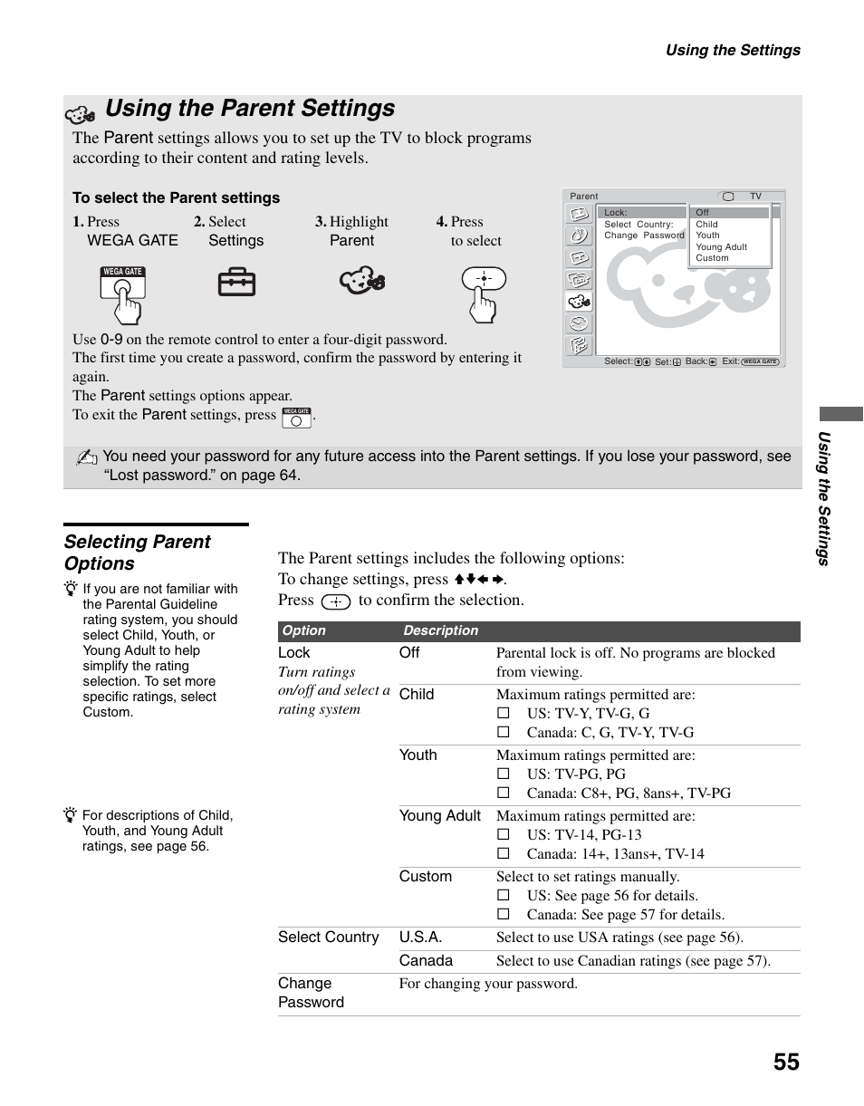 Using the parent settings, Selecting parent options | Sony KLV-S40A10 User Manual | Page 55 / 68