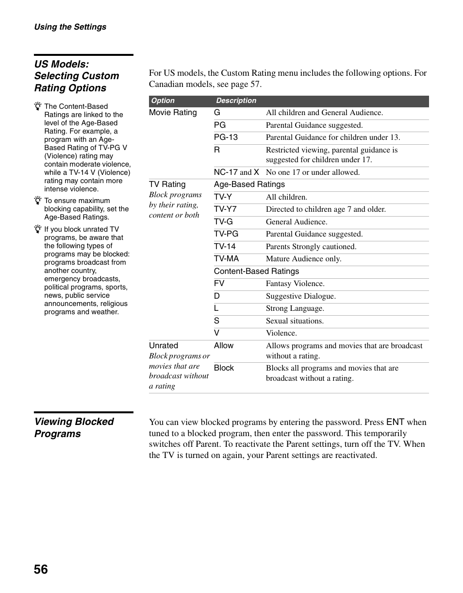 Us models: selecting custom rating options, Viewing blocked programs | Sony KLV-S40A10 User Manual | Page 56 / 68