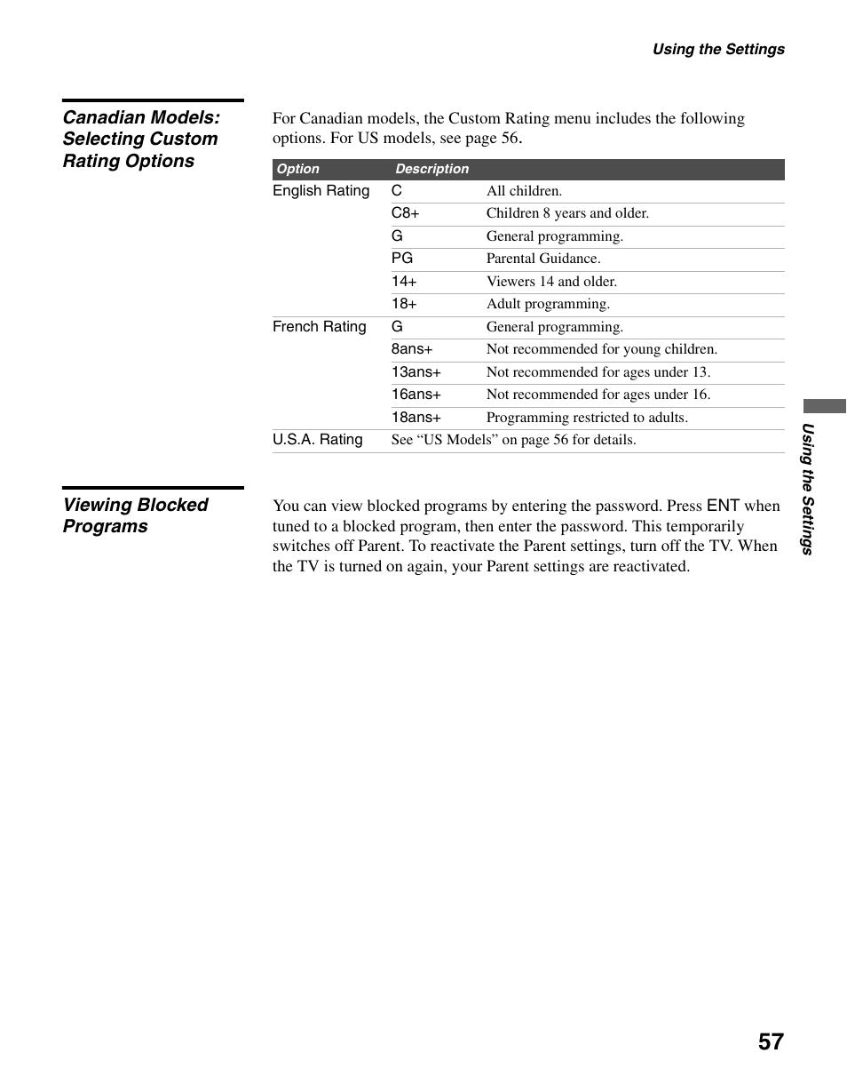 Canadian models: selecting custom rating options, Viewing blocked programs | Sony KLV-S40A10 User Manual | Page 57 / 68
