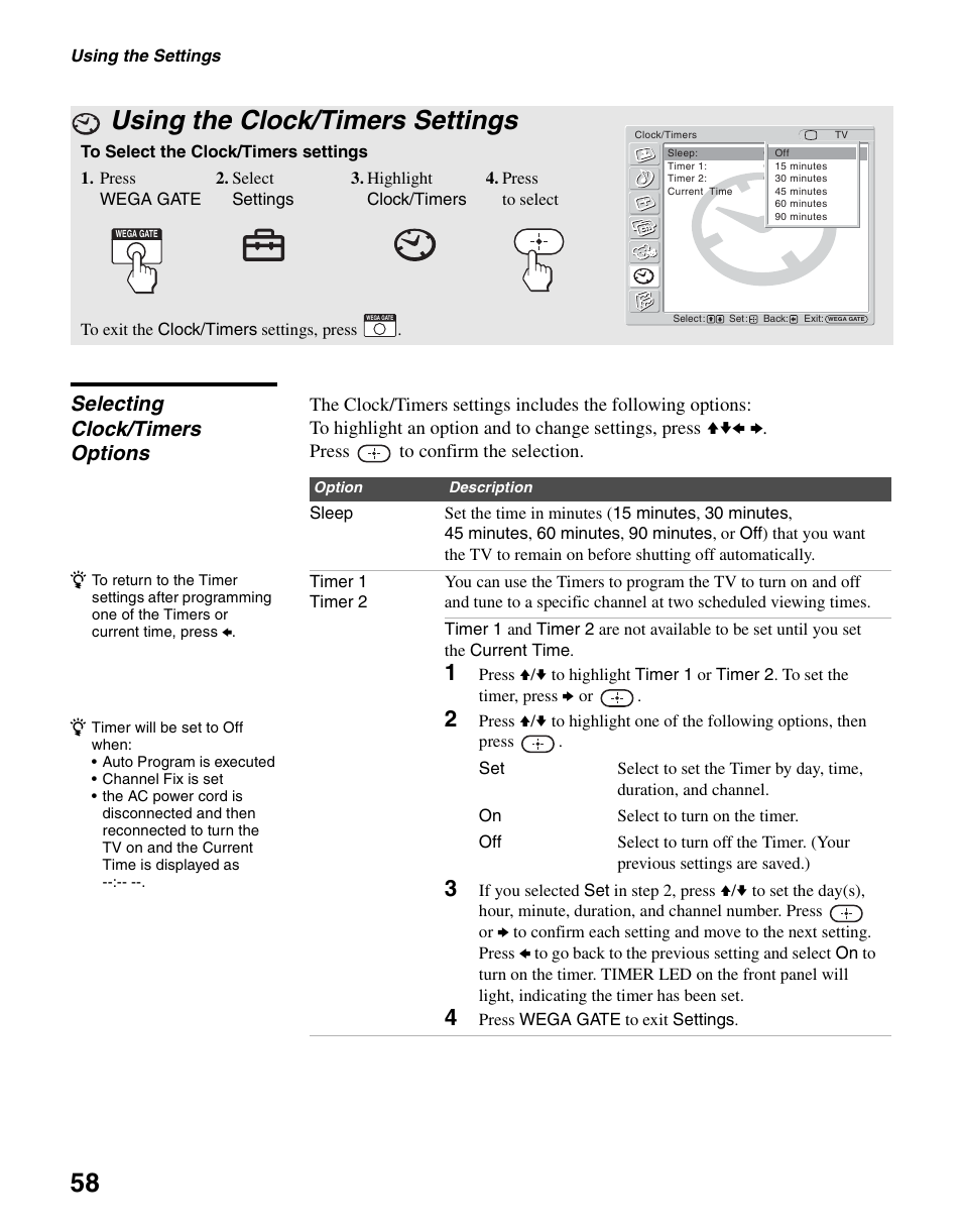 Using the clock/timers settings, Selecting clock/timers options | Sony KLV-S40A10 User Manual | Page 58 / 68