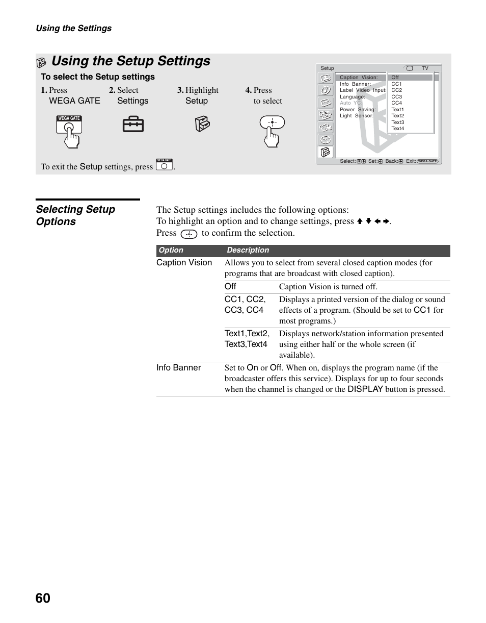 Using the setup settings, Selecting setup options | Sony KLV-S40A10 User Manual | Page 60 / 68