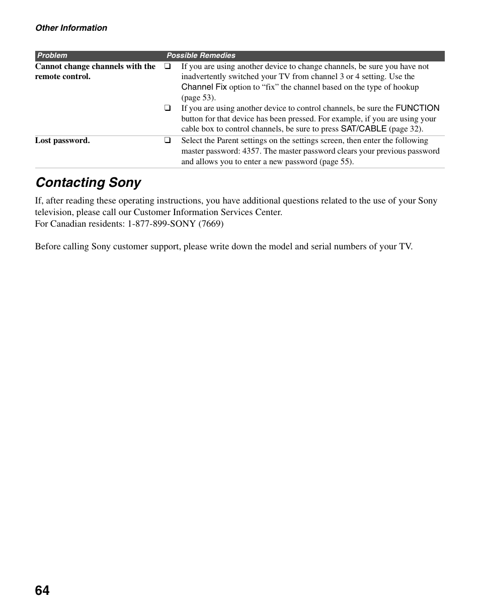 Contacting sony, 64 contacting sony | Sony KLV-S40A10 User Manual | Page 64 / 68