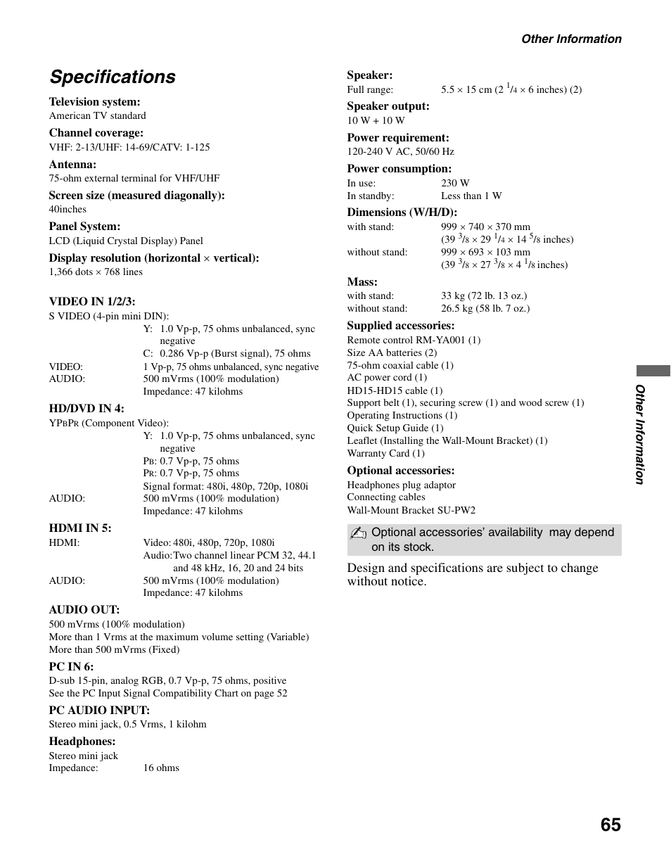 Specifications | Sony KLV-S40A10 User Manual | Page 65 / 68