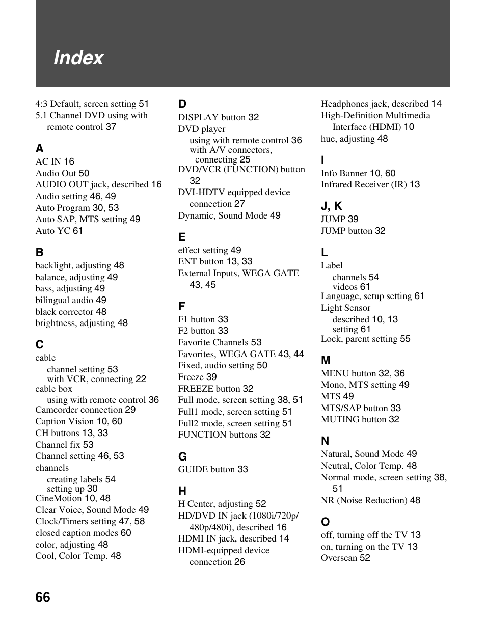 Index | Sony KLV-S40A10 User Manual | Page 66 / 68