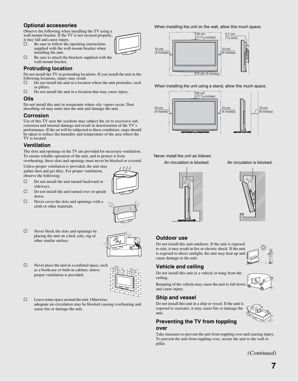 Continued), Optional accessories, Protruding location | Oils, Corrosion, Ventilation, Outdoor use, Vehicle and ceiling, Ship and vessel, Preventing the tv from toppling over | Sony KLV-S40A10 User Manual | Page 7 / 68