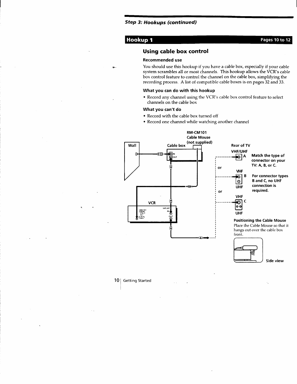 Using cable box control, Recommended use, What you can do with this hookup | What you can't do, Hookup 1 | Sony SLV-688HF User Manual | Page 10 / 79