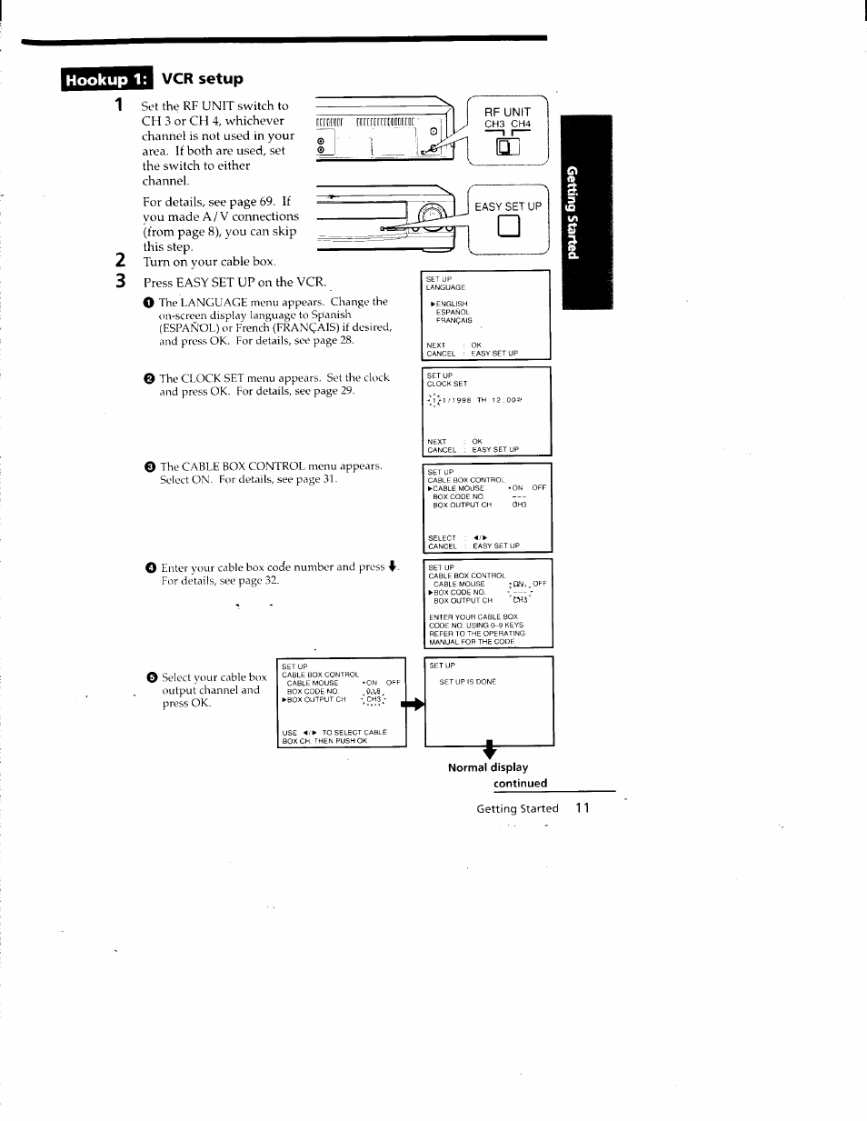 Normal display, Continued, Hookup 1: vcr setup | Getting started 11 | Sony SLV-688HF User Manual | Page 11 / 79