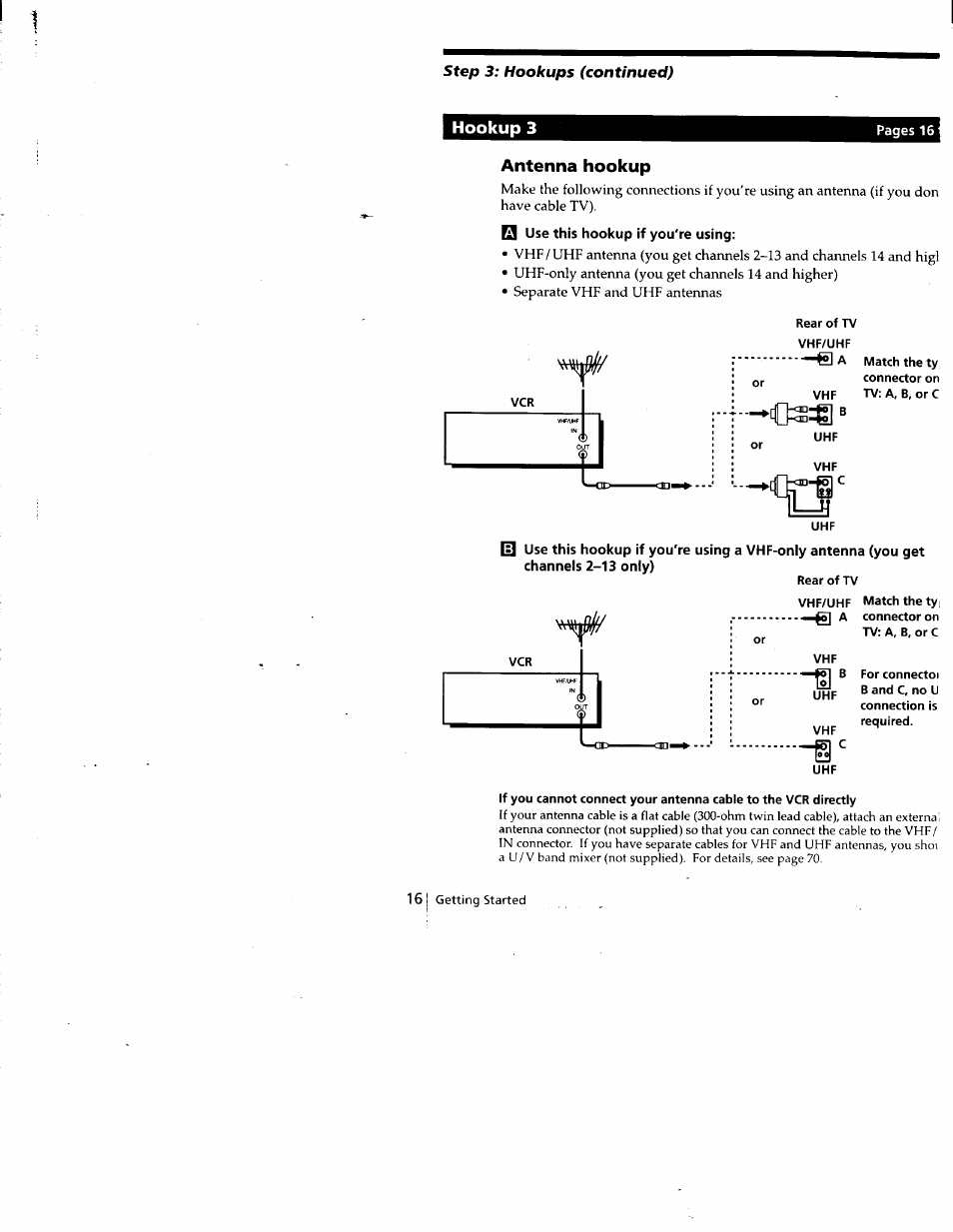 Hookup 3, Antenna hookup, Q use this hookup if you're using | Rear of tv vhf/uhf, Rear of tv | Sony SLV-688HF User Manual | Page 16 / 79