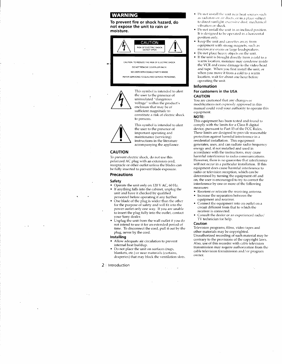 Warning, Information | Sony SLV-688HF User Manual | Page 2 / 79