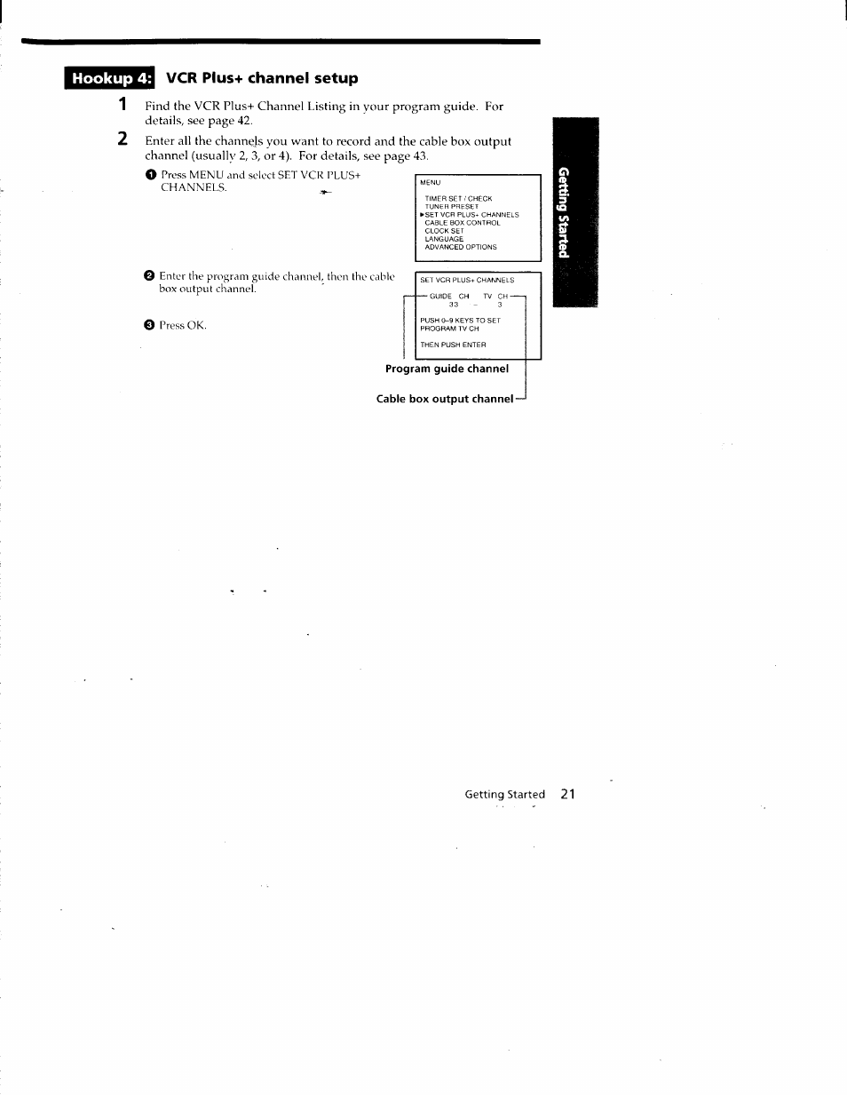 Program guide channel cable box output channel, Hookup 4: vcr plus+ channel setup | Sony SLV-688HF User Manual | Page 21 / 79