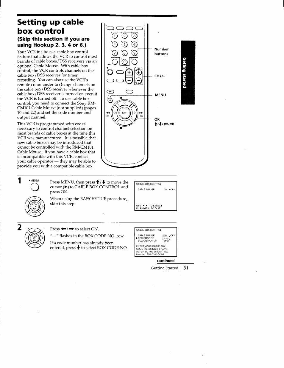 Setting up cable box control, Continued | Sony SLV-688HF User Manual | Page 31 / 79