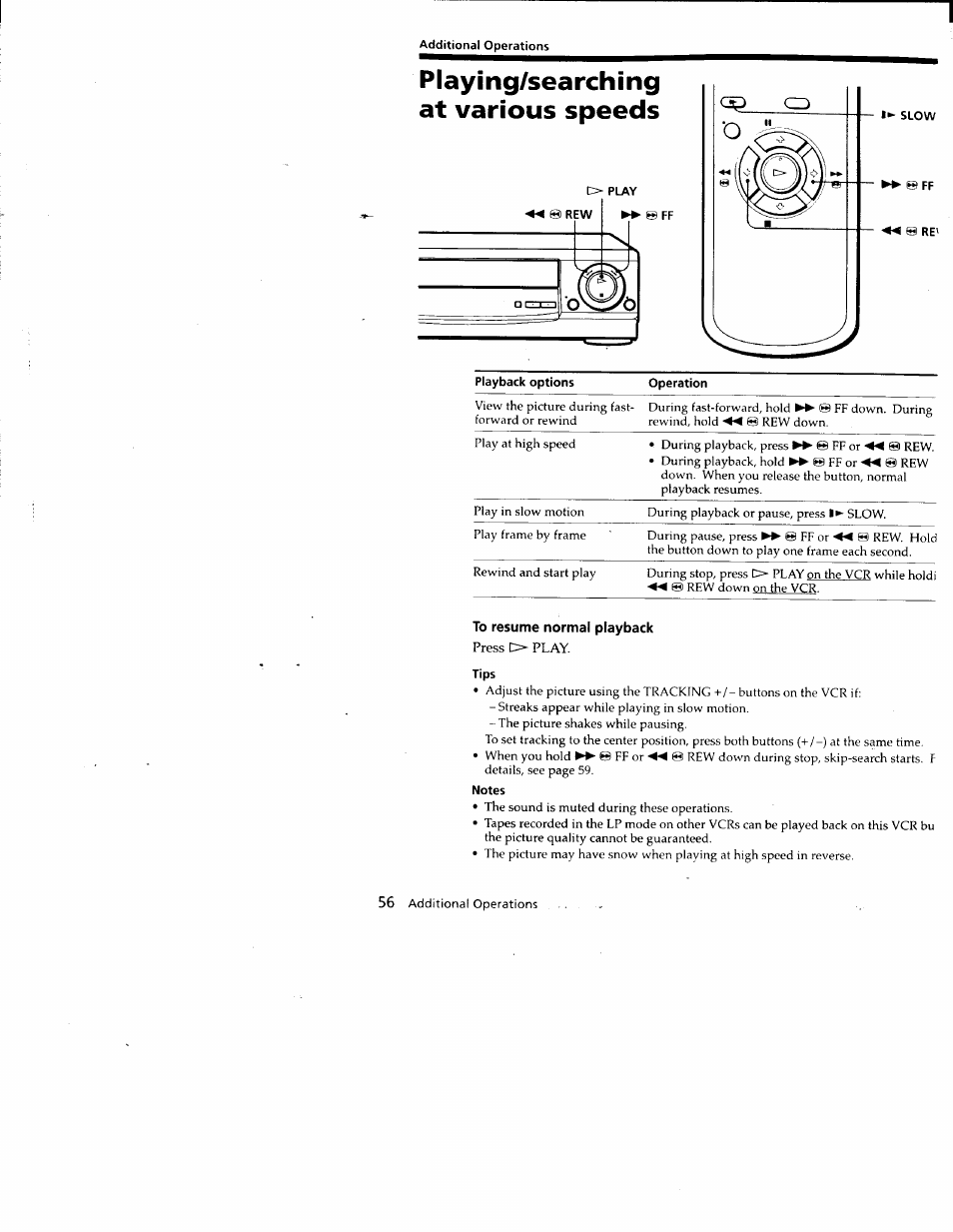 Additional operations, Playing/searching at various speeds, I @ re | To resume normal playback, Tips, Notes | Sony SLV-688HF User Manual | Page 56 / 79