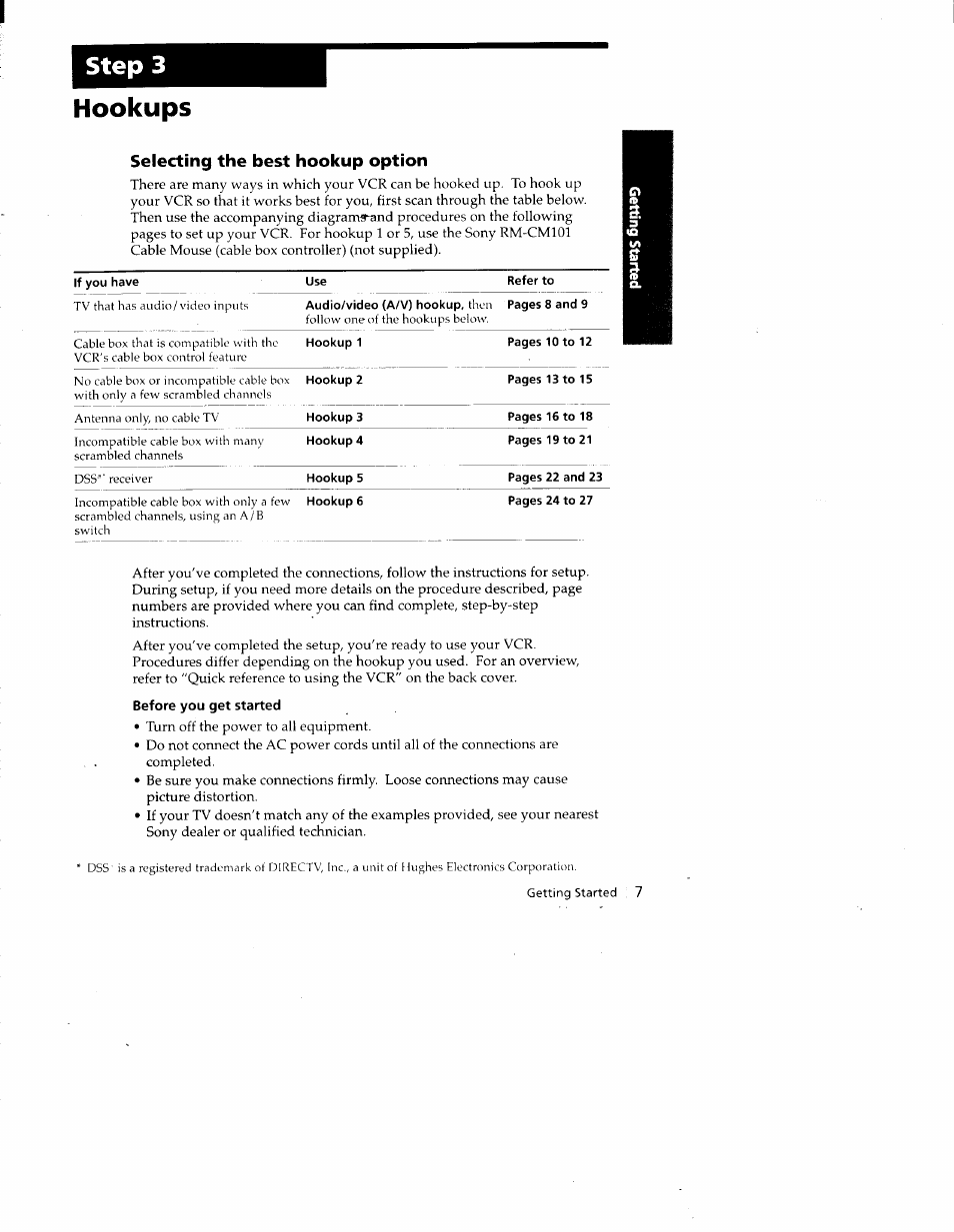 Before you get started, Step 3, Hookups | Selecting the best hookup option | Sony SLV-688HF User Manual | Page 7 / 79
