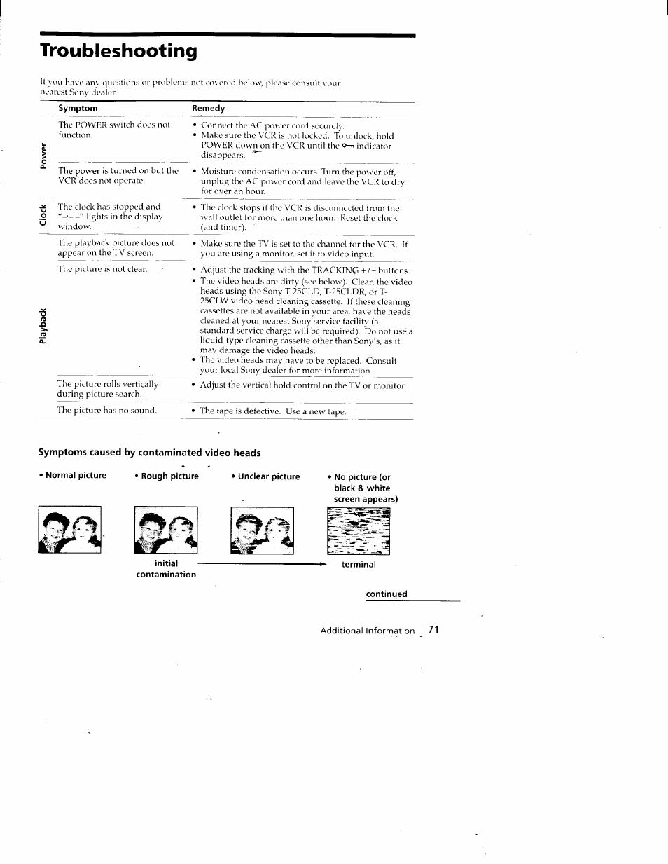 Troubleshooting, Symptom, Remedy | Symptoms caused by contaminated video heads, Normal picture • rough picture • unclear picture, Initial, Contamination, No picture (or black & white screen appears), Terminal, Continued | Sony SLV-688HF User Manual | Page 71 / 79