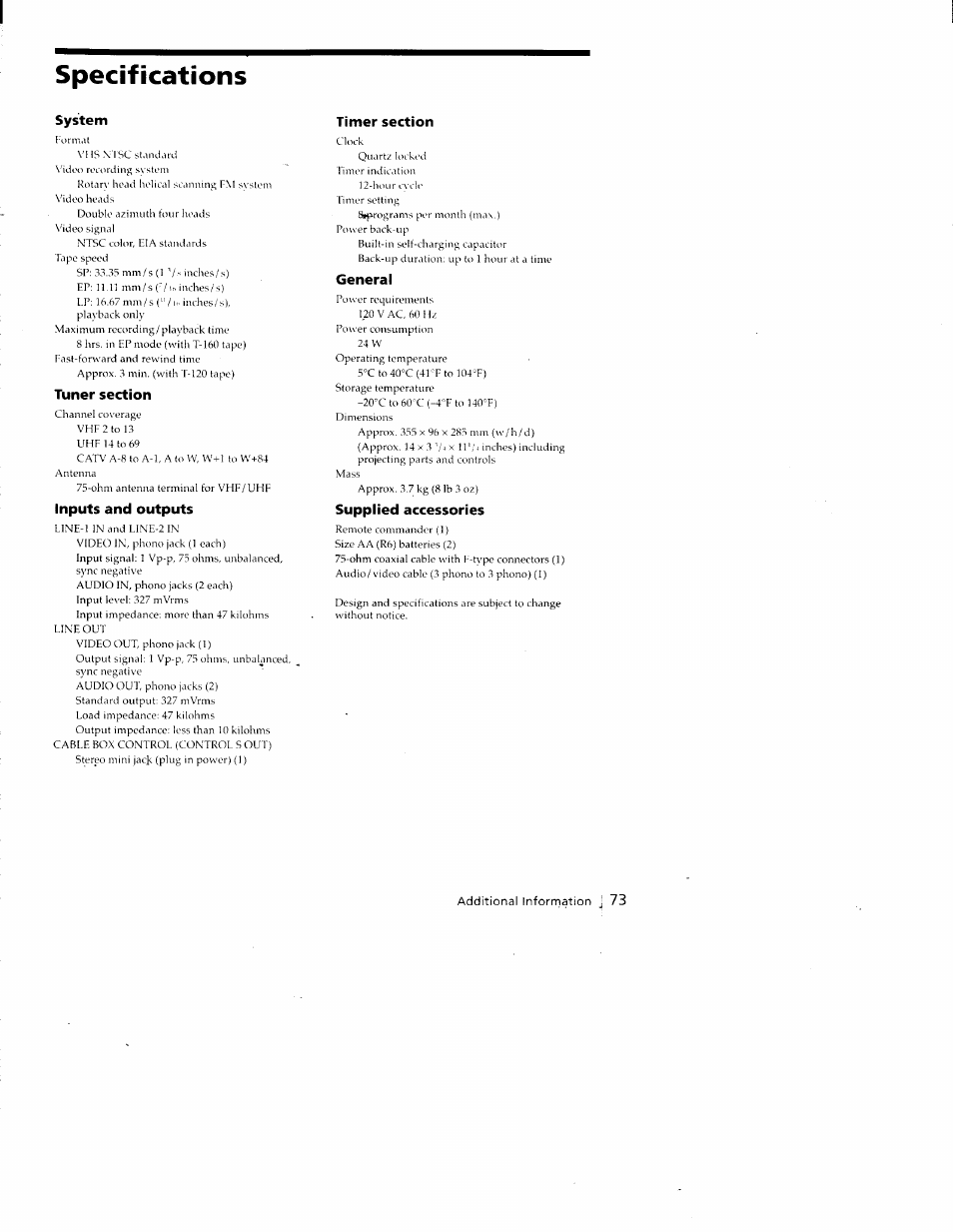 Specifications, System, Tuner section | Inputs and outputs, Timer section, General, Supplied accessories | Sony SLV-688HF User Manual | Page 73 / 79