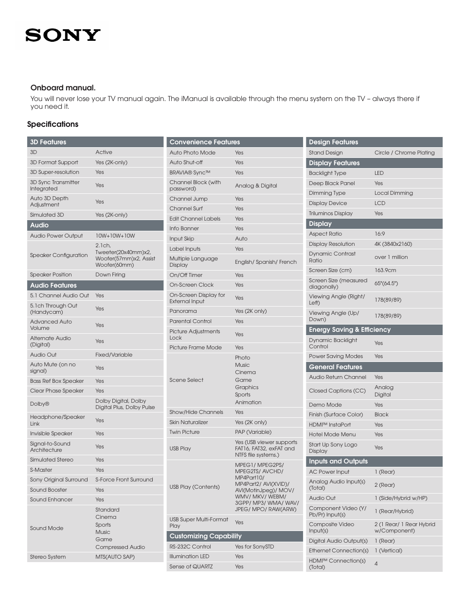 Onboard manual, Specifications | Sony XBR-65X850A User Manual | Page 3 / 5