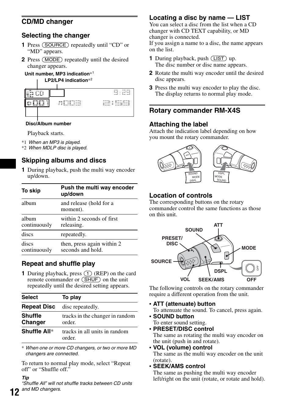 Cd/md changer, Rotary commander rm-x4s, Cd/md changer rotary commander rm-x4s | Selecting the changer, Skipping albums and discs, Repeat and shuffle play, Locating a disc by name — list, Attaching the label, Location of controls | Sony CDX-GT72W User Manual | Page 12 / 40