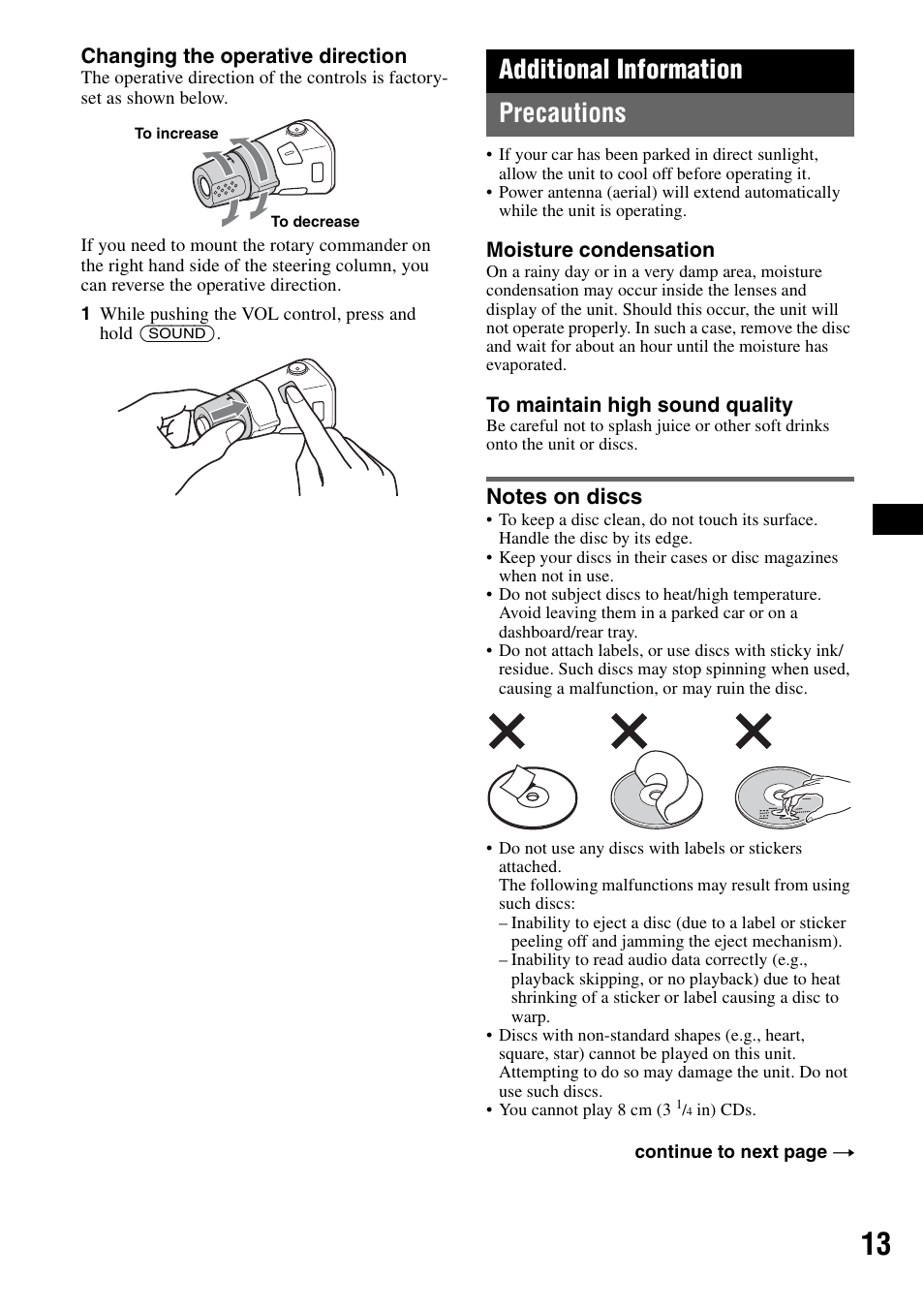 Additional information, Precautions, Notes on discs | Additional information precautions | Sony CDX-GT72W User Manual | Page 13 / 40