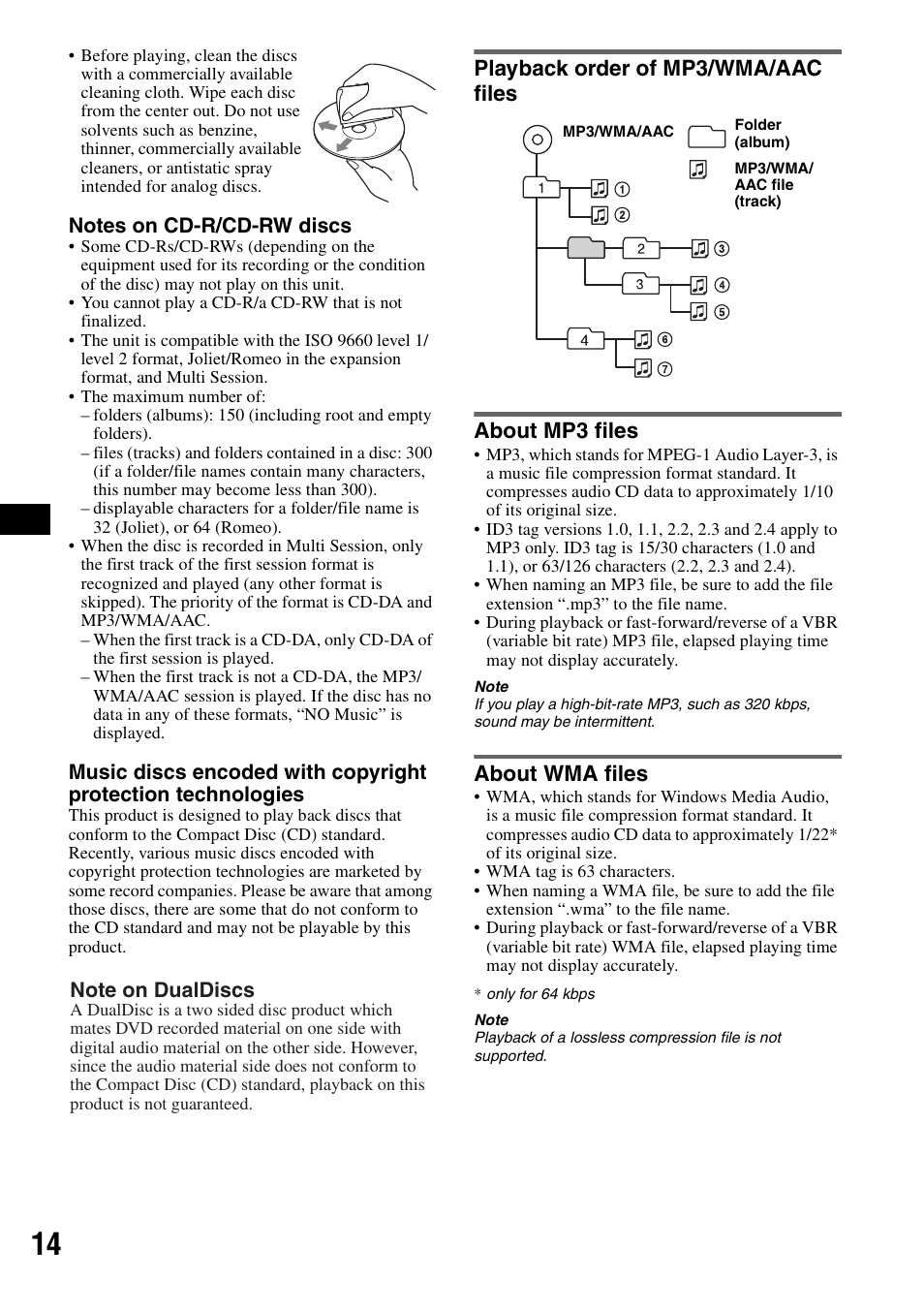 Playback order of mp3/wma/aac files, About mp3 files, About wma files | Sony CDX-GT72W User Manual | Page 14 / 40