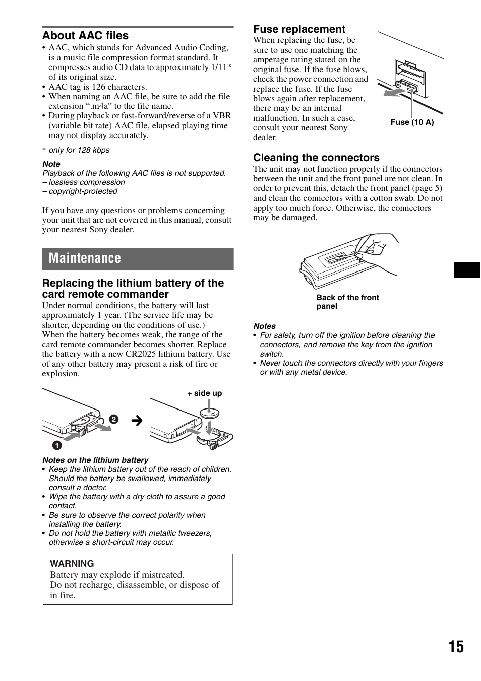 About aac files, Maintenance | Sony CDX-GT72W User Manual | Page 15 / 40