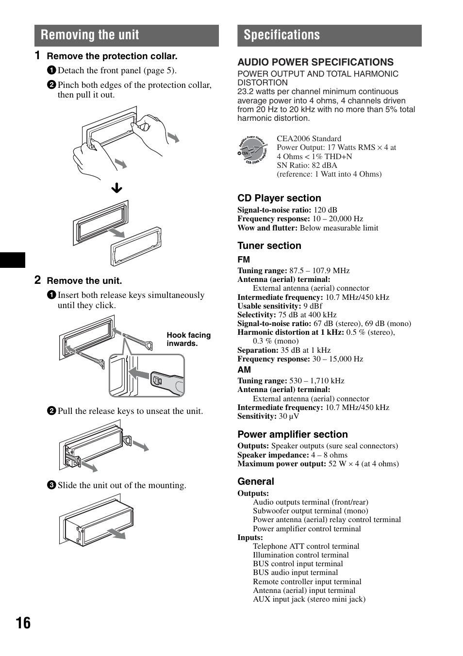 Removing the unit, Specifications, Removing the unit specifications | Sony CDX-GT72W User Manual | Page 16 / 40