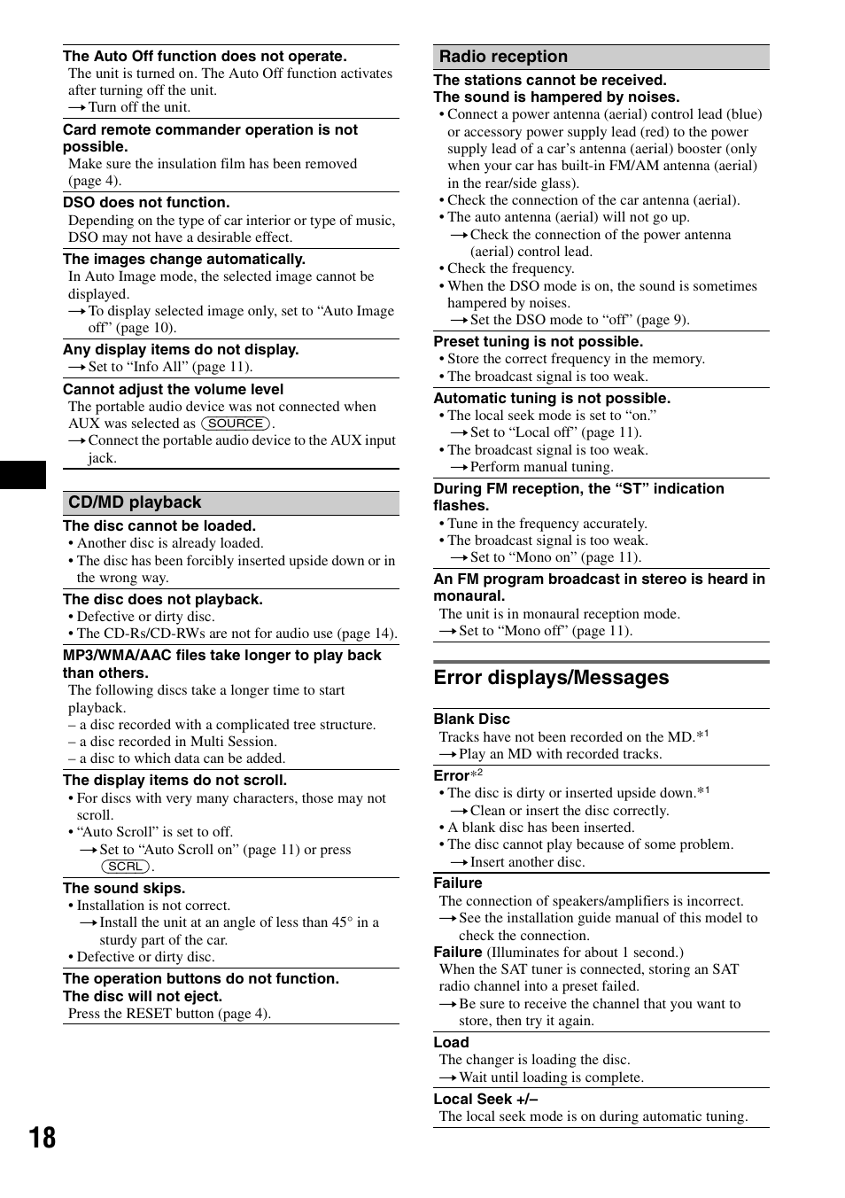 Error displays/messages | Sony CDX-GT72W User Manual | Page 18 / 40