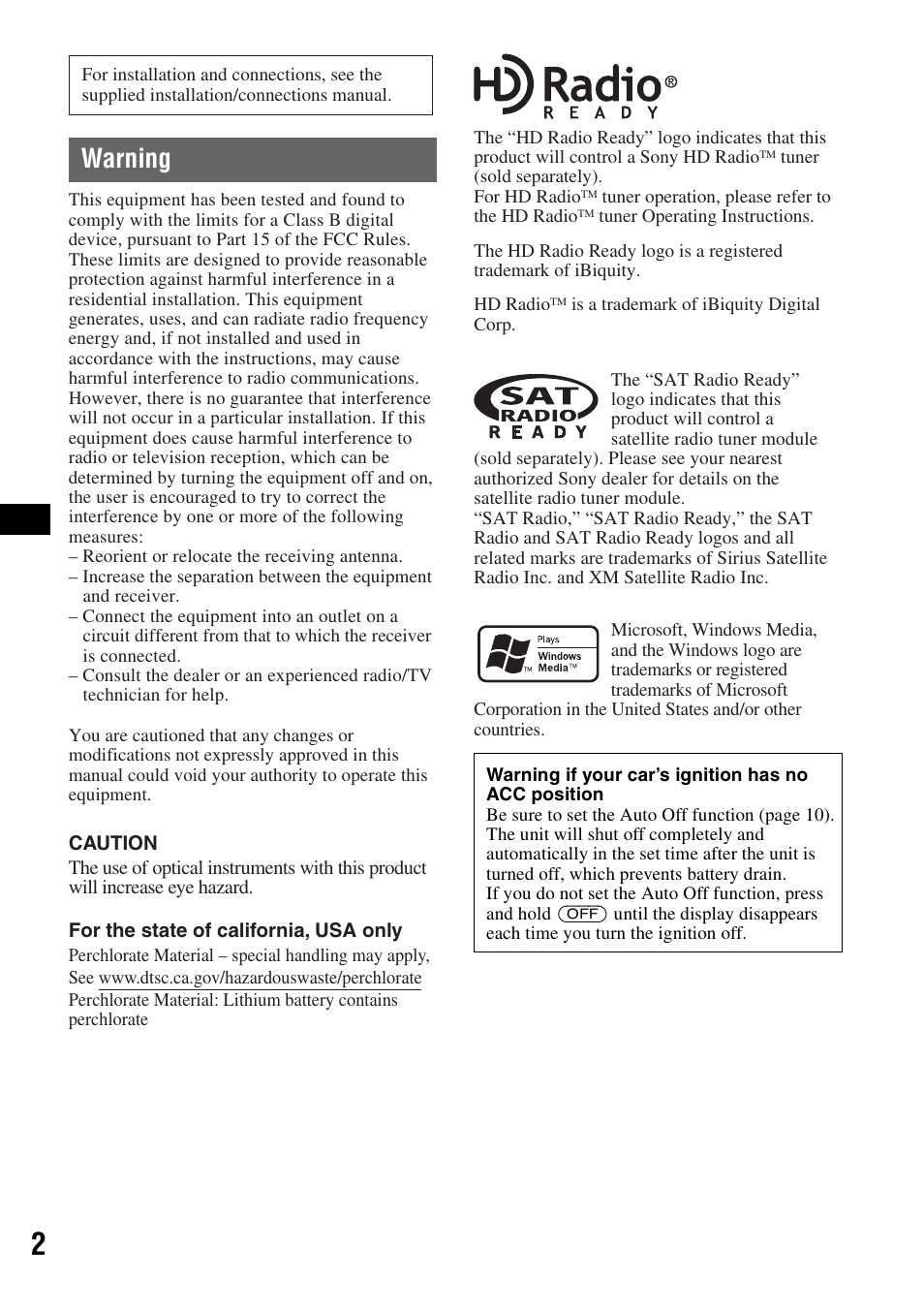 Warning | Sony CDX-GT72W User Manual | Page 2 / 40
