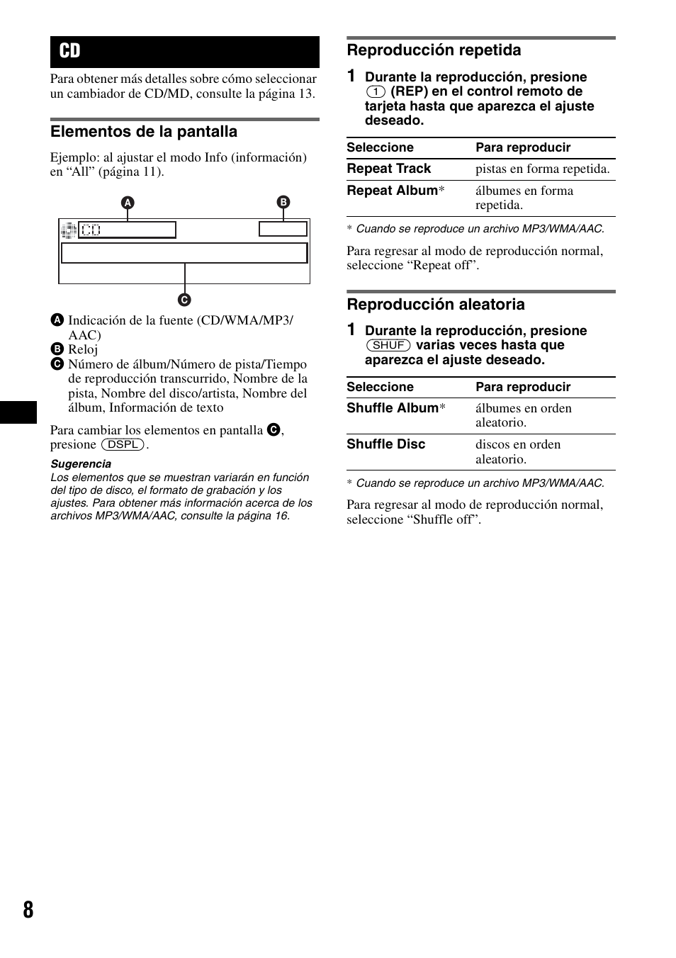 Elementos de la pantalla, Reproducción repetida, Reproducción aleatoria | Sony CDX-GT72W User Manual | Page 26 / 40