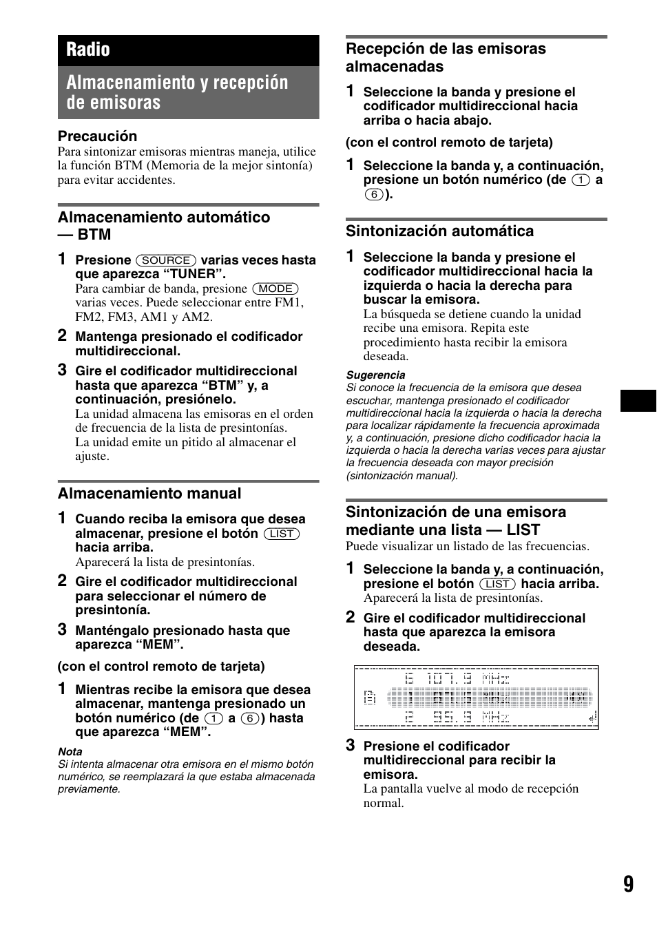Radio, Almacenamiento y recepción de emisoras, Almacenamiento automático - btm | Almacenamiento manual, Recepción de las emisoras almacenadas, Sintonización automática, Radio almacenamiento y recepción de emisoras | Sony CDX-GT72W User Manual | Page 27 / 40