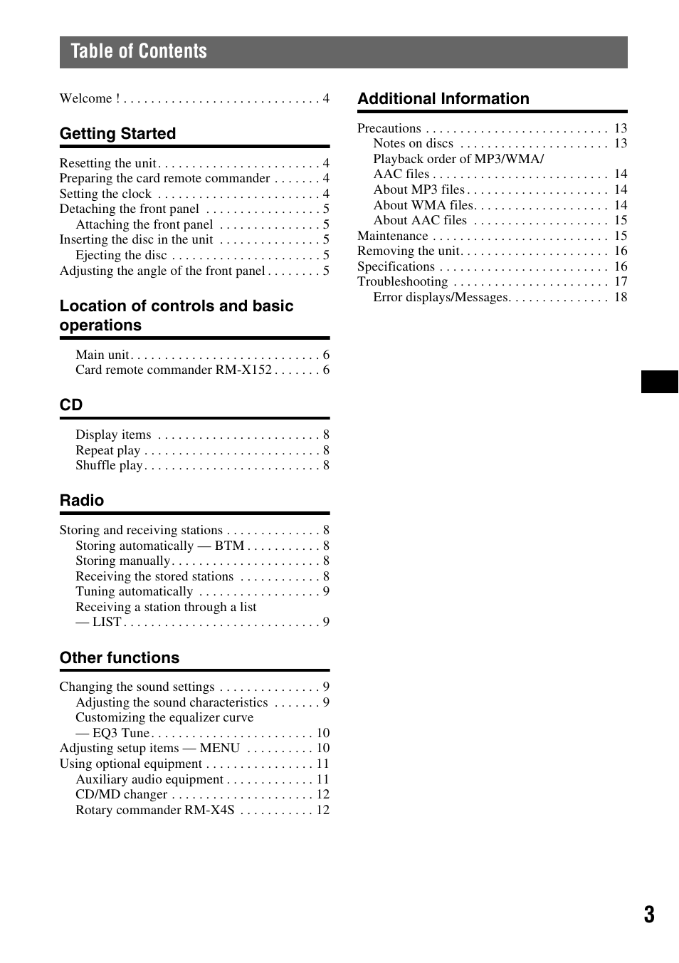 Sony CDX-GT72W User Manual | Page 3 / 40
