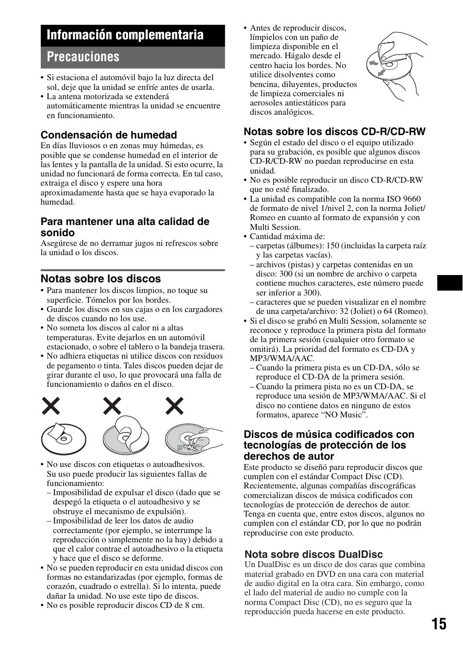 Información complementaria, Precauciones, Notas sobre los discos | Información complementaria precauciones | Sony CDX-GT72W User Manual | Page 33 / 40