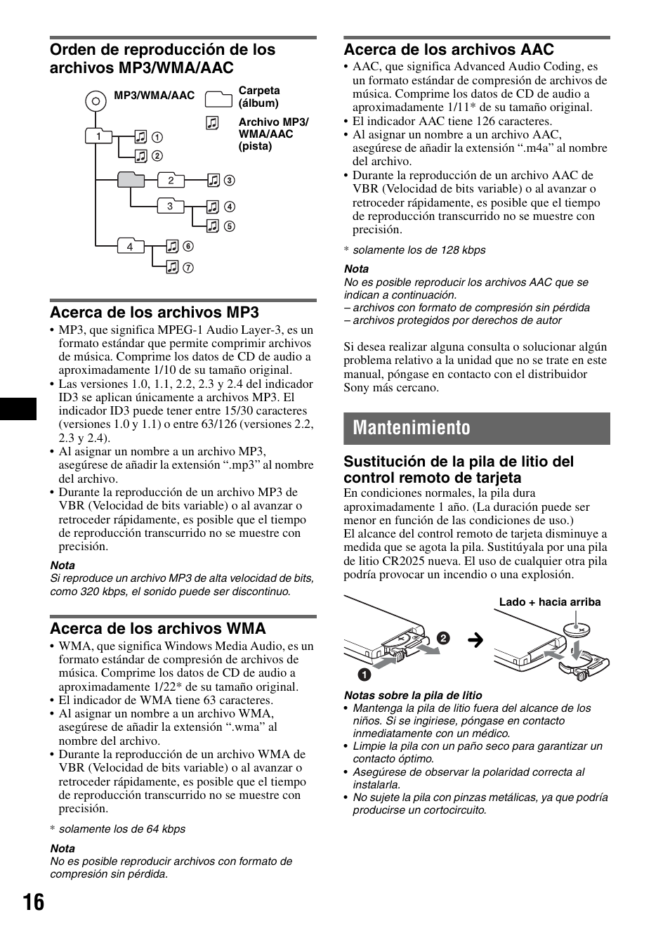 Orden de reproducción de los archivos mp3/wma/aac, Acerca de los archivos mp3, Acerca de los archivos wma | Acerca de los archivos aac, Mantenimiento | Sony CDX-GT72W User Manual | Page 34 / 40