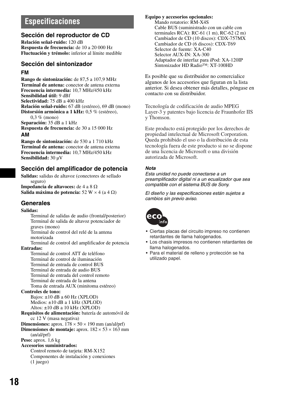 Especificaciones | Sony CDX-GT72W User Manual | Page 36 / 40