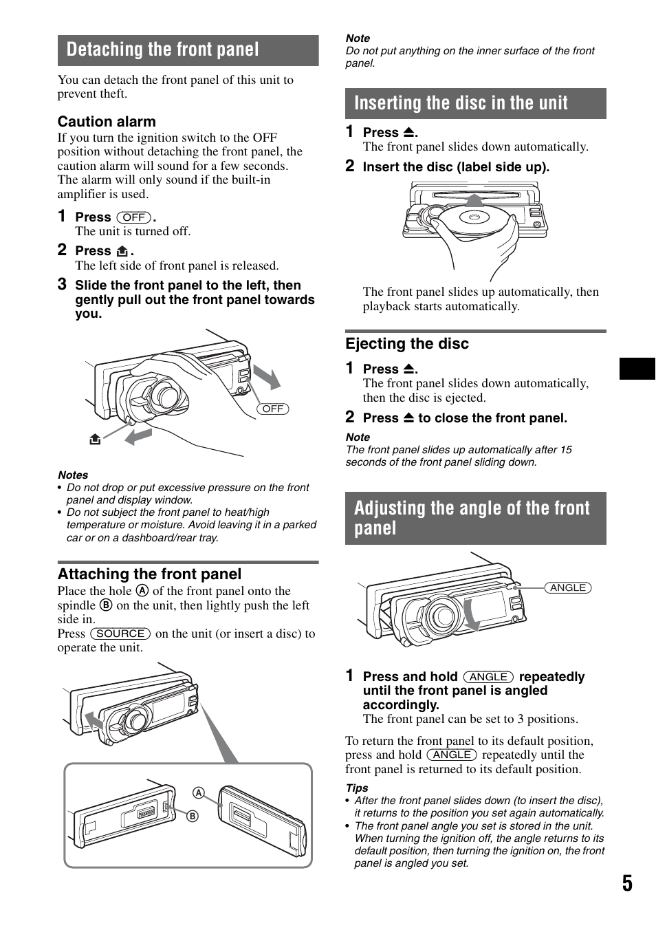 Detaching the front panel, Attaching the front panel, Inserting the disc in the unit | Ejecting the disc, Adjusting the angle of the front panel | Sony CDX-GT72W User Manual | Page 5 / 40