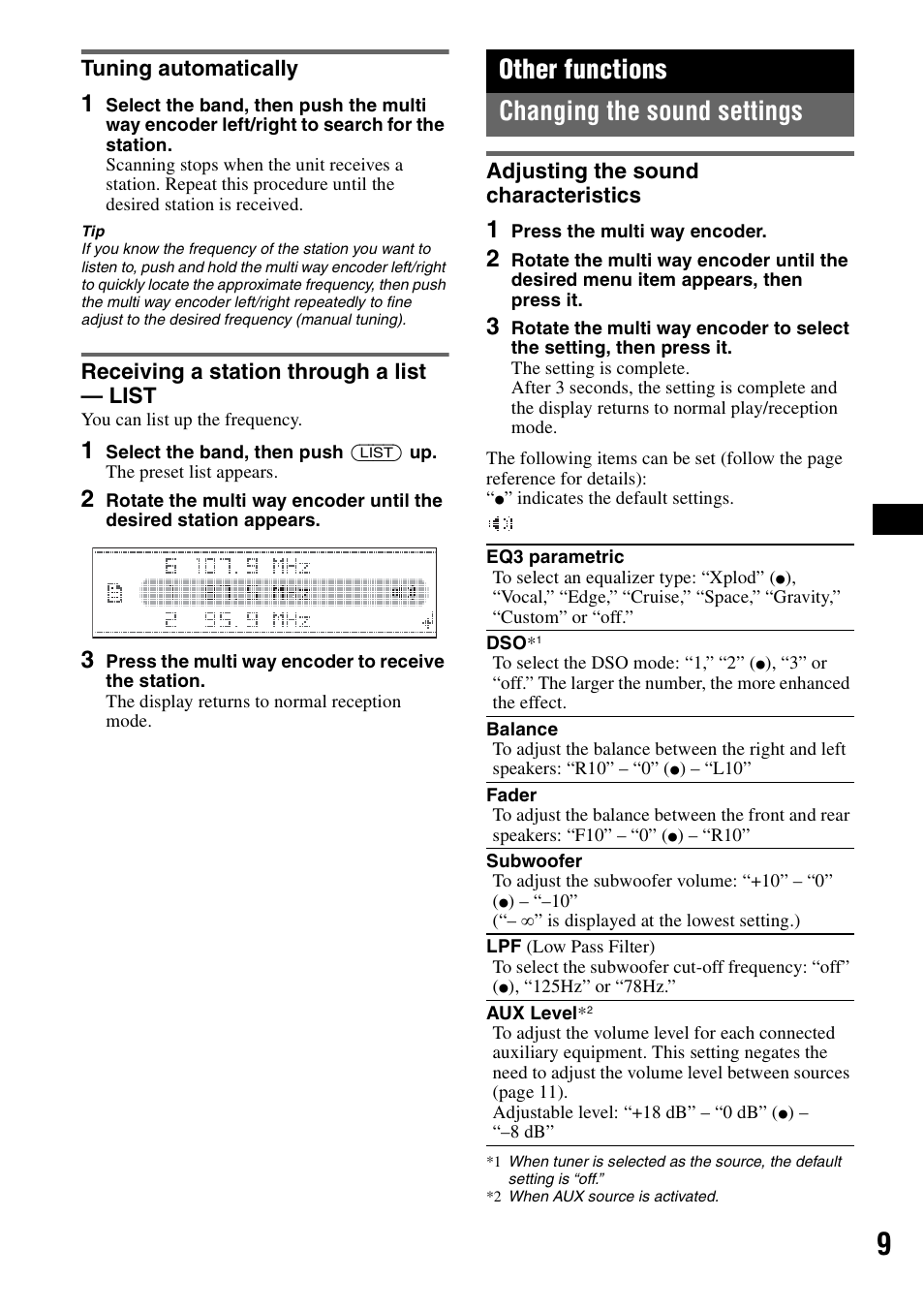 Tuning automatically, Receiving a station through a list - list, Other functions | Changing the sound settings, Adjusting the sound characteristics, Other functions changing the sound settings | Sony CDX-GT72W User Manual | Page 9 / 40