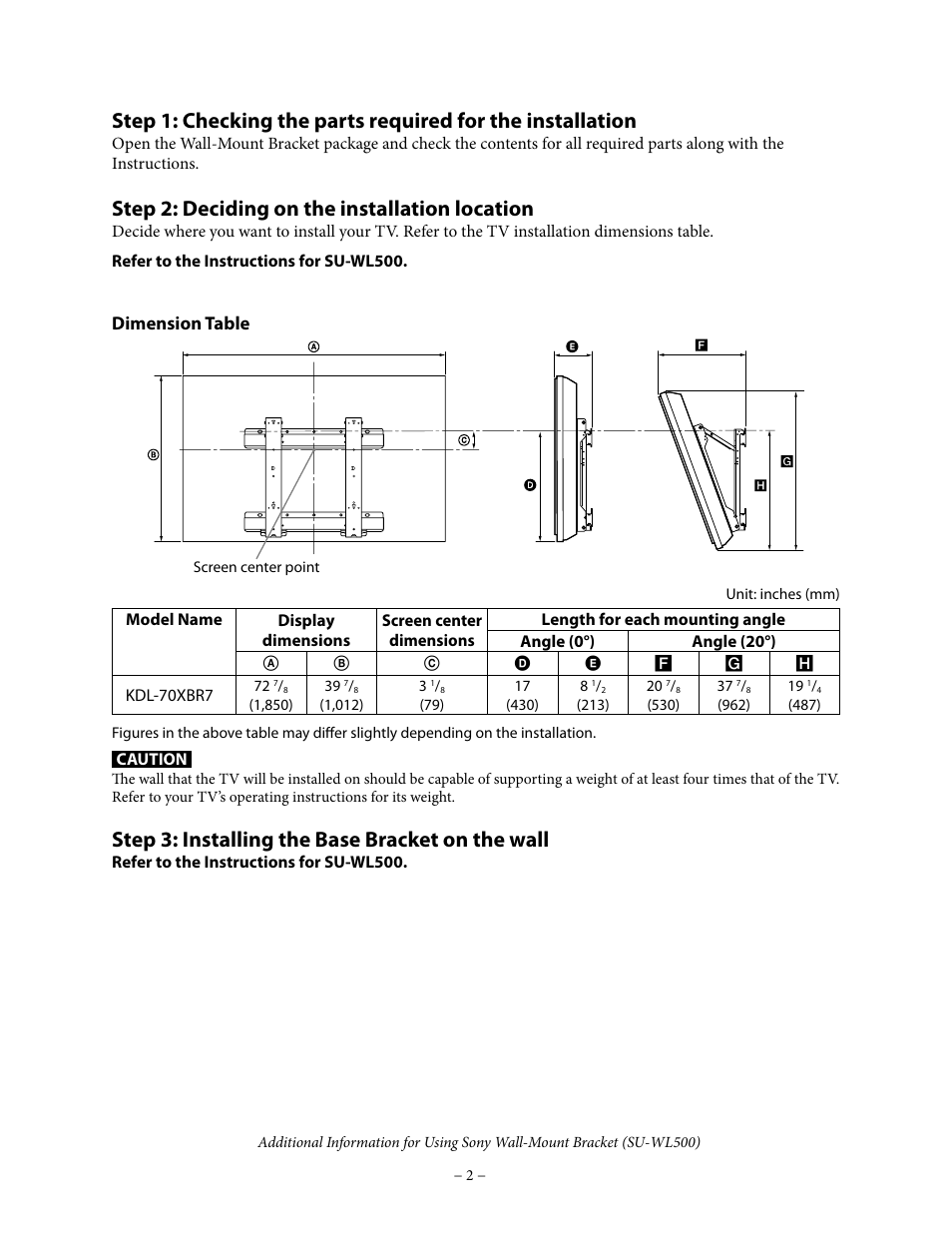 Step 2: deciding on the installation location, Step 3: installing the base bracket on the wall, Dimension table | Sony KDL-70XBR7 User Manual | Page 2 / 5